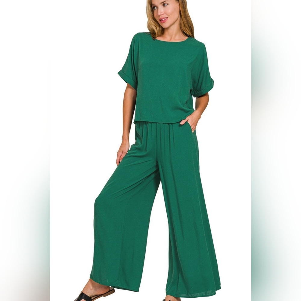 Zenana Round Neck T-Shirt and Wide Leg Pants Set
